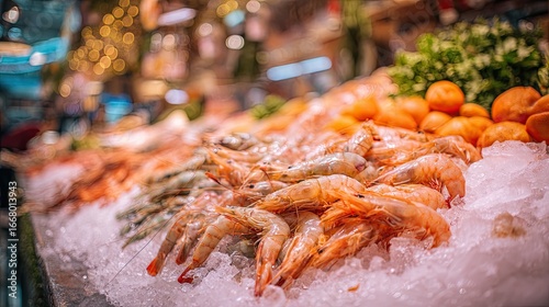 Fresh Shrimp and Seafood Display on Ice in Market with Blurred Background and Colorful Lights