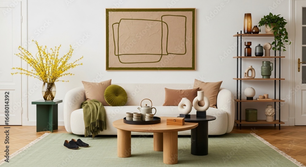 Fototapeta premium Modern living room design with stylish furniture, decor, and bright lighting