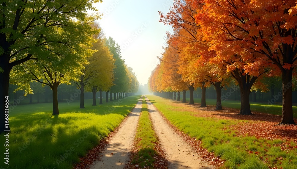 Fototapeta premium A poetic split-image showing seasonal transition from summer’s brightness to autumn’s golden tones with symbolic natural contrast. AI-Generated!