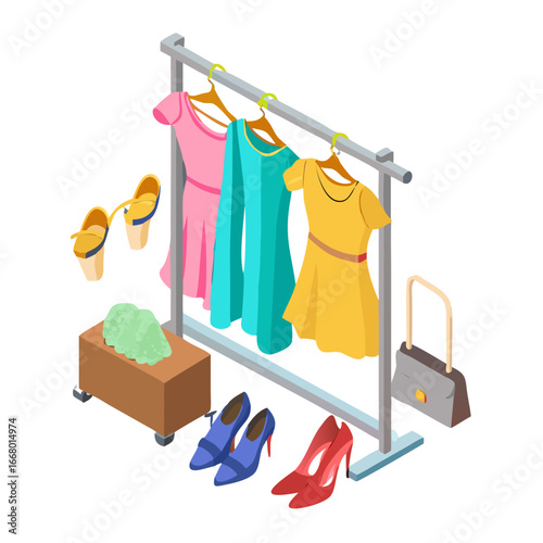Stylish clothing rack with dresses, pants, accessories, and footwear – stock vector flat illustration