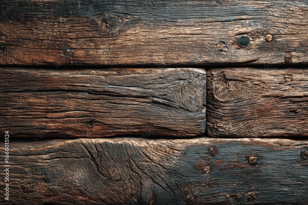 Fototapeta premium Close up of aged wooden planks with visible grain and dark staining creating a rustic texture