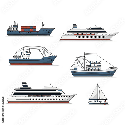 A vibrant set of isolated ship icons for various nautical transportation and travel needs