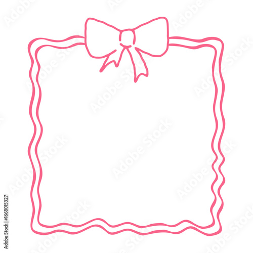 Soft pink vintage square frame with bow, white background and central copy space. Perfect element for Valentine cards, decor, labels, posters, delicate retro designs and stickers