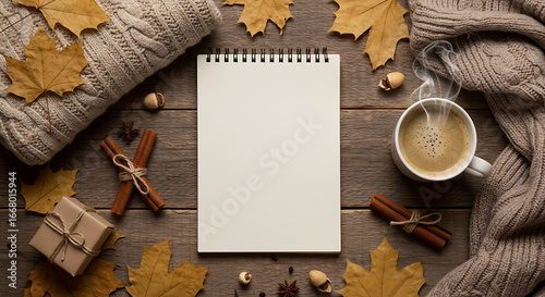 Cozy Autumn Workspace: Blank Notepad Coffee and Knit Sweater Flatlay - mockup