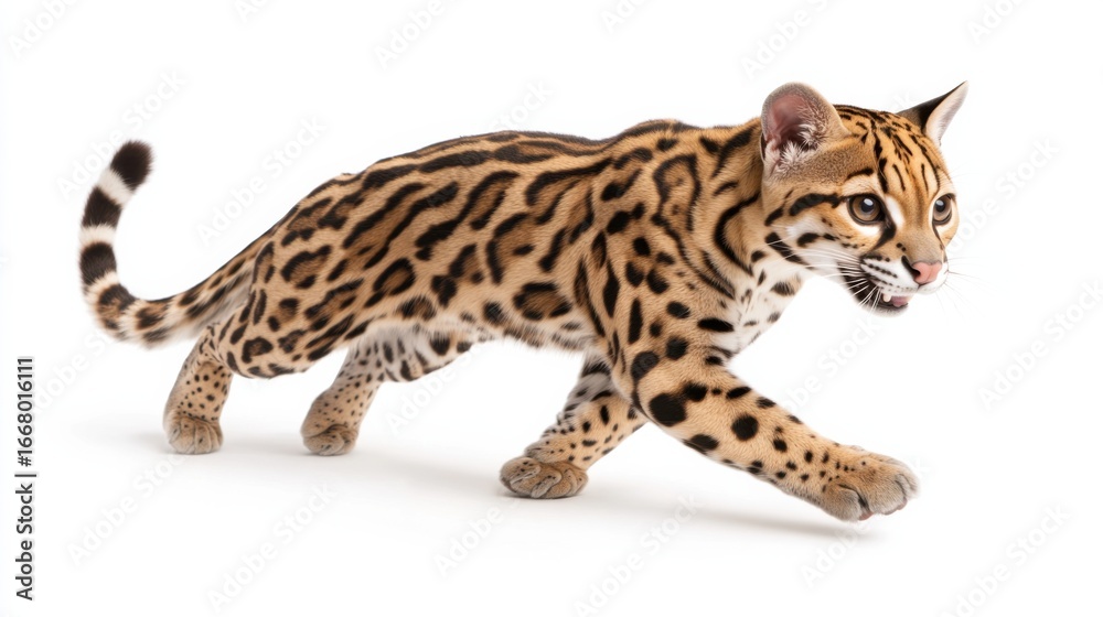 Fototapeta premium Graceful ocelot in motion: captivating wild feline with striking patterns