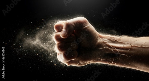 Close-up of a hand clenching into a fist, releasing a cloud of dust against a dark background, symbolizing power and action
