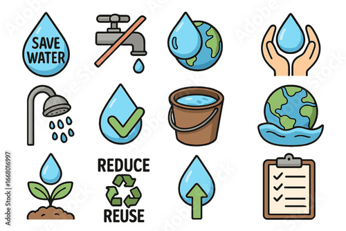 Water conservation icon set for sustainability. Save water symbols collection. Vector illustration of earth, drop, tap, and recycle sign for environmental awareness.