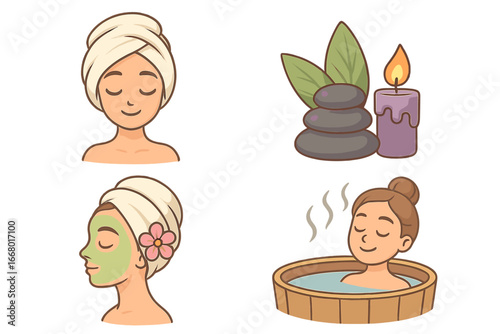Spa and wellness icon set. Vector cartoon illustration of beauty, relaxation, and self-care concepts. Woman with facial mask, hot stone massage, and relaxing in a hot tub.