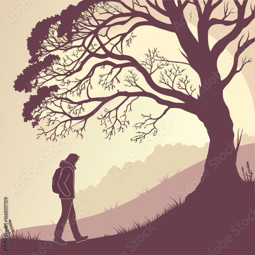 Serene Silhouette: Man Walking Beneath a Large Tree at Dusk, Vector Illustration, Peaceful Mood