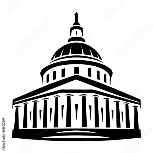 Capitol building illustration in black and white-Black and white vector illustration of a capitol-style government building with a large dome, columns, and triangular pediment, symbolizing law, democr