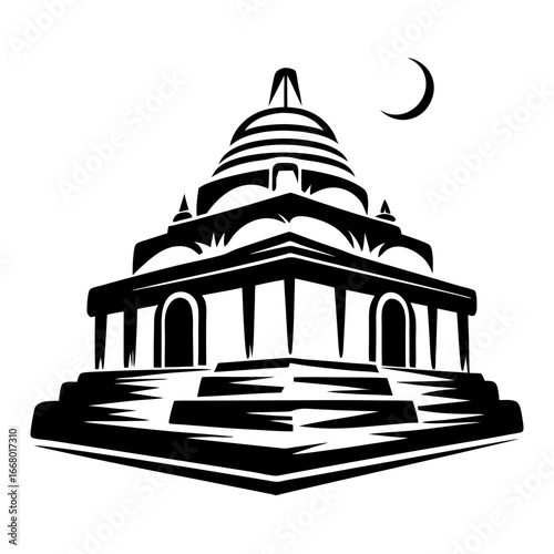 Ancient temple illustration with crescent moon in black and white-Black and white vector illustration of an ancient temple or stupa with a domed roof and arched entrances, set under a crescent moon, 