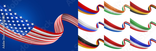 Set of 3D waving ribbon flags of different countries including USA, Russia, Germany, Italy, France, India, Belgium, Netherlands, Hungary, Armenia 