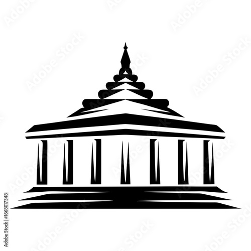 Buddhist temple or pagoda illustration in black and white-Black and white vector illustration of a Buddhist temple or pagoda with a tiered roof and supporting columns, symbolizing spirituality, cultur