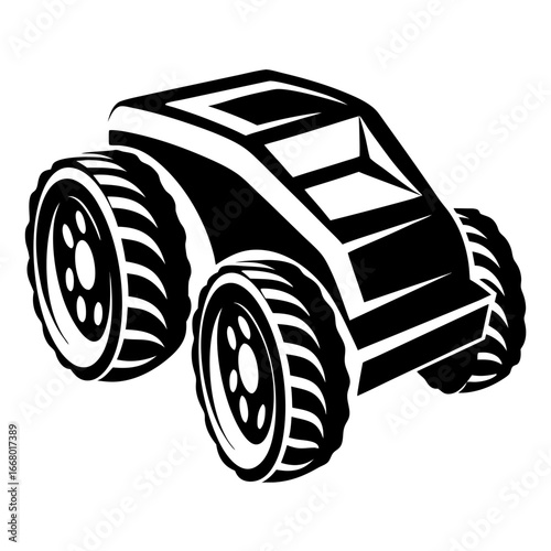 Off-road buggy car illustration in black and white-Black and white vector illustration of an off-road buggy style car with large rugged tires and a compact body, symbolizing adventure, speed, and ext