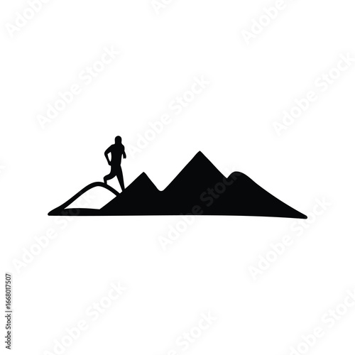 Trail running through a mountainous landscape in a minimalist black silhouette
