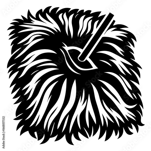 Floor mop black and white illustration-Black and white vector illustration of a floor mop with thick bristles, symbolizing cleaning, hygiene, and household chores.
