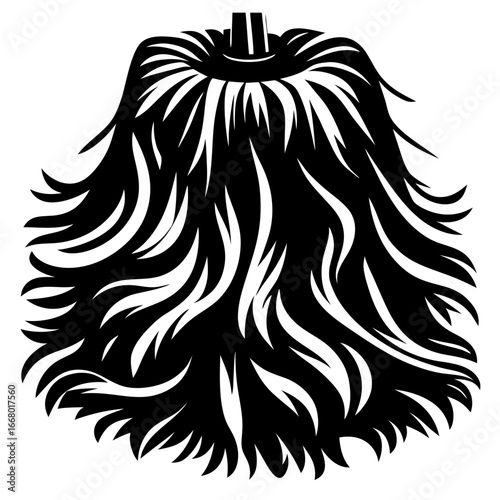 Traditional straw broom illustration in black and white-Black and white stylized illustration of a broom with straw bristles, symbolizing cleaning, witchcraft, folklore, and traditional household tool