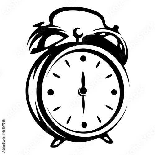 Classic alarm clock black and white illustration-Black and white drawing of a vintage alarm clock with bells on top, representing time, punctuality, waking, and routine.