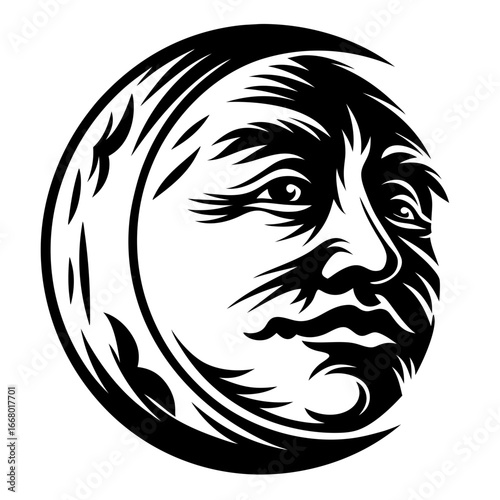Full moon with detailed human face illustration-Black and white vector artwork of a full moon featuring a detailed human face, symbolizing mythology, mystery, night, and cosmic power.