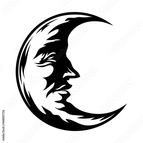 Crescent moon with human face illustration-Black and white vector drawing of a crescent moon featuring a detailed human face, symbolizing mystery, mythology, night, and cosmic energy.