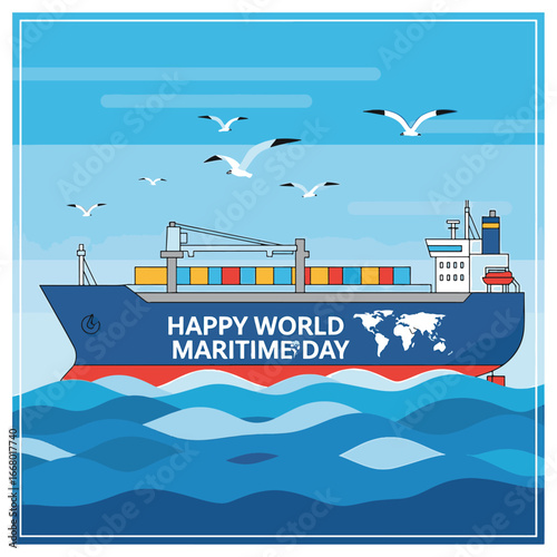 Flat vector illustration of a large cargo ship sailing across blue waves with seagulls flying above, celebrating World Maritime Day