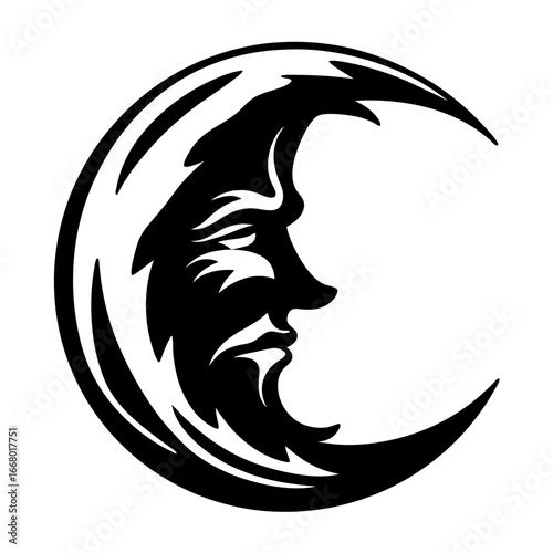 Crescent moon with face black and white illustration-Stylized black and white vector illustration of a crescent moon with a human face, symbolizing mystery, night, and cosmic spirituality.