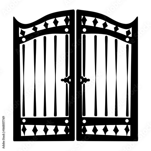 Decorative wrought iron gate illustration in black and white