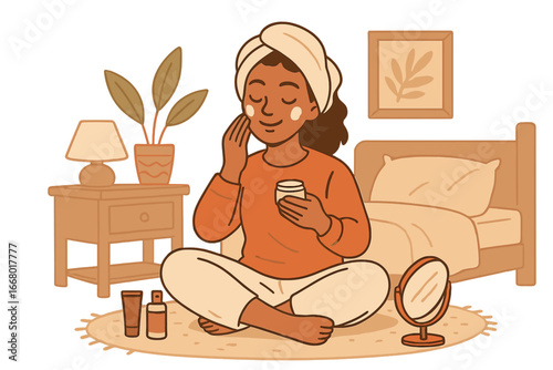 Woman applying cosmetic skincare face cream at home. Cozy bedroom self-care routine. Daily beauty ritual, wellness, and relaxation concept. Vector cartoon illustration.