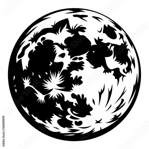 Moon surface illustration with craters vector design-Black and white vector illustration of the moon showing detailed craters and textures, representing astronomy, space, and celestial objects in a bo