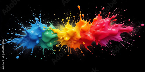 An explosive splash of colorful ink, a fiery dance of light and energy on a black background