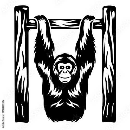 Hanging ape tribal vector design-Black and white tribal style vector illustration of an ape hanging from a wooden bar with both arms extended, symbolizing strength, agility, and primal energy.