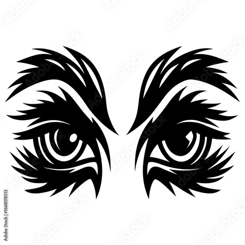 Stylized animal eyes illustration in tribal design-Black and white vector illustration of fierce animal eyes with bold tribal-style patterns resembling strength, focus, and intensity.