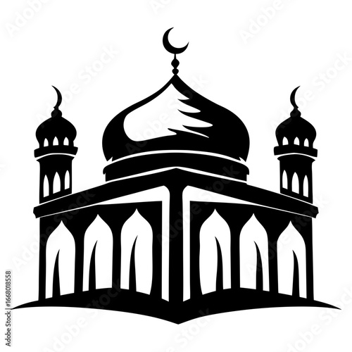 Islamic mosque vector illustration with dome and minarets-Black and white vector artwork of a traditional mosque featuring a large dome with crescent moon and two surrounding minarets.