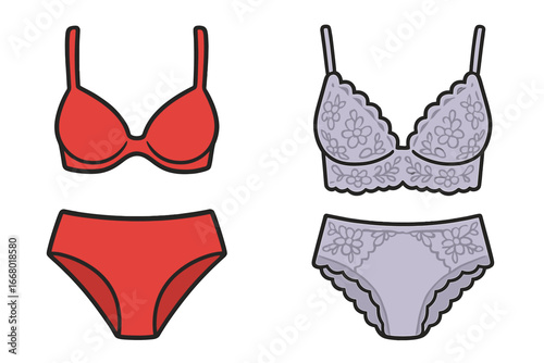 Two women's lingerie sets vector illustration. Red bra and panties and purple floral lace bralette. Underwear fashion collection icon. Female intimate apparel concept design.