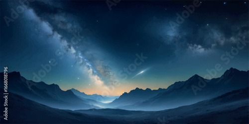 A breathtaking view of the milky way galaxy stretching across a starry night sky above silhouetted mountain ranges