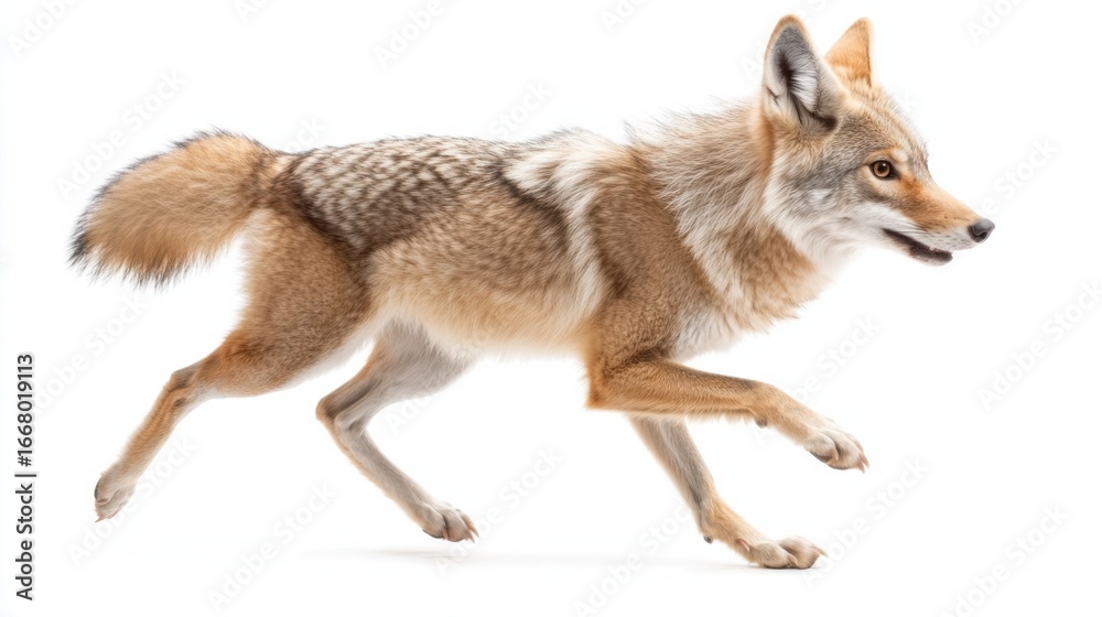 Fototapeta premium Graceful coyote mid-stride on white background