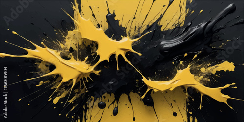 Dynamic yellow and black paint splatters create an abstract explosion of color and motion against a dark background