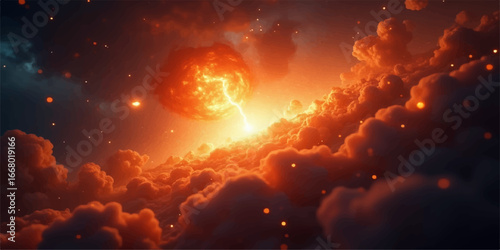 Orange sunset fires up the cloudscape, casting a beautiful red light across the sky