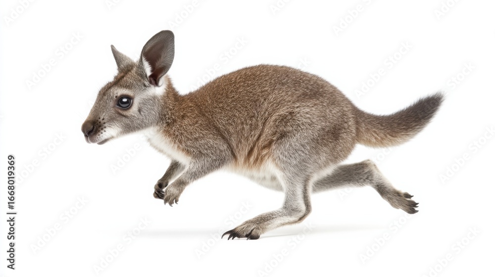 Obraz premium Young kangaroo joyfully hopping against white background