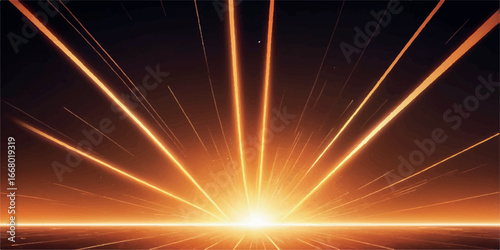 Bright orange light rays emanating from horizon against dark background, futuristic concept