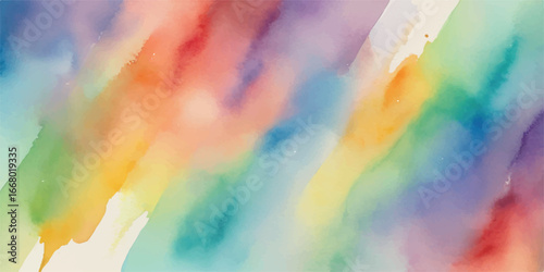 Abstract watercolor painting with diagonal brush strokes in rainbow colors, vibrant and soft