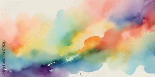 Abstract watercolor splash with vibrant rainbow colors blending softly on a clean white background