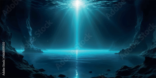 Mysterious underwater cave illuminated by a brilliant beam of turquoise light piercing the dark water from above