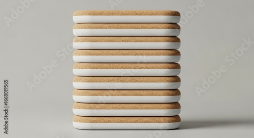 Stacked cork coasters with white details, modern design for home or office use