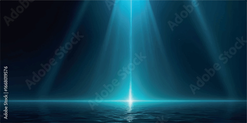 A single bright turquoise light beam shines down onto a dark, reflective water surface, creating a dramatic effect