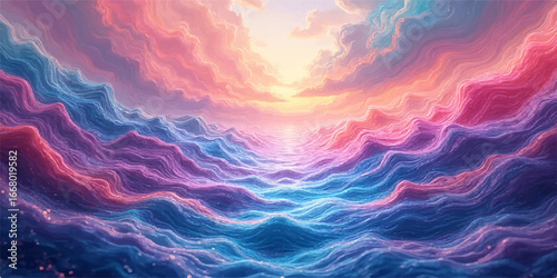 Abstract sky and ocean waves reflect a beautiful, sunlit horizon
