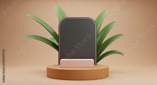 Minimalist product display podium with plant against beige background for branding