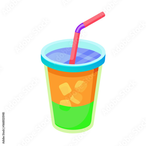 Colorful iced beverage in plastic cup with green straw – stock vector flat illustration