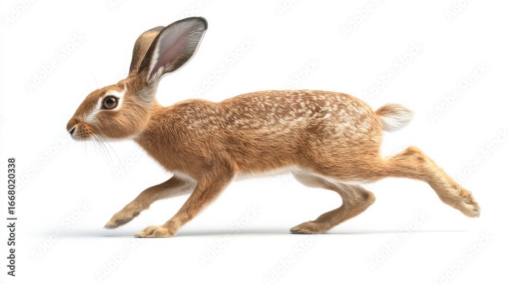 Naklejka premium Energetic brown rabbit mid-stride against a white background