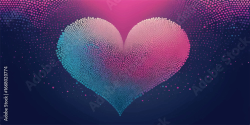 Abstract heart shape made of small particles in pink and blue colors on a dark background, symbolizing love and connection